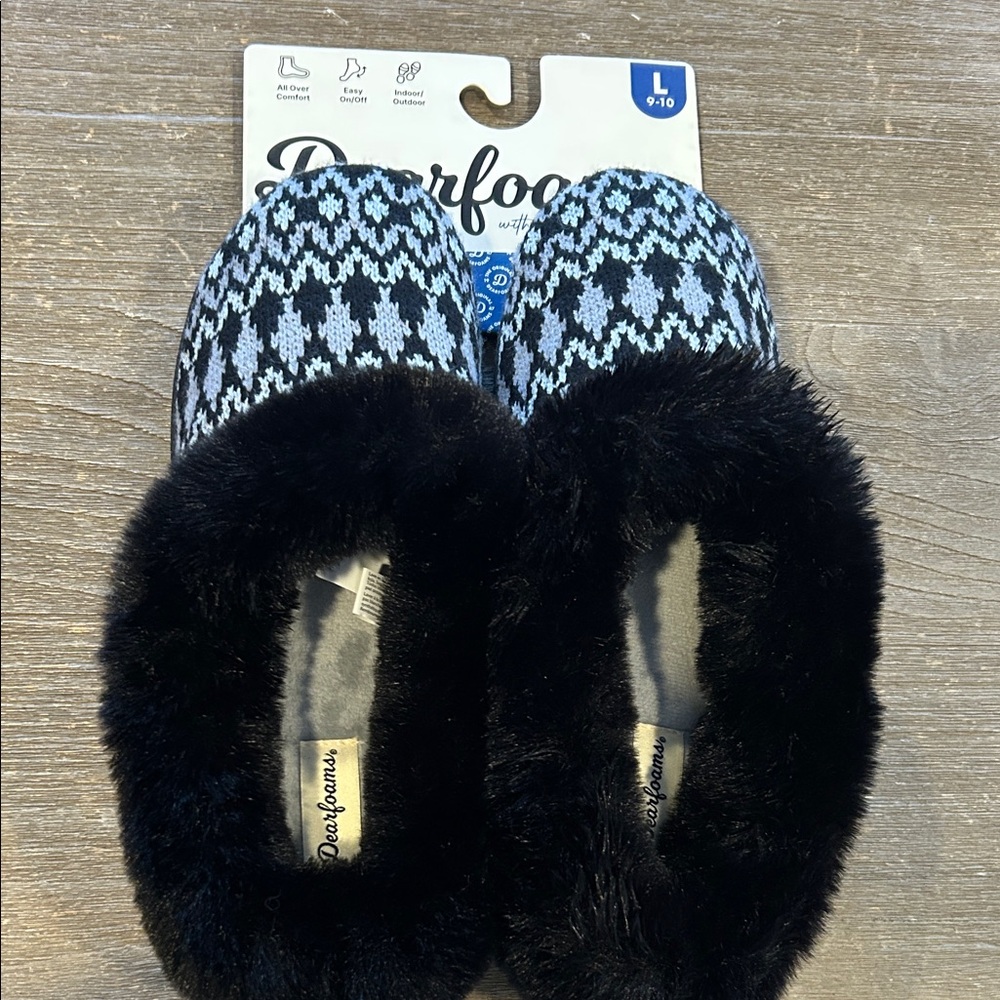 Dearfoams Black and Gray Patterned Slippers size 9-10 women
